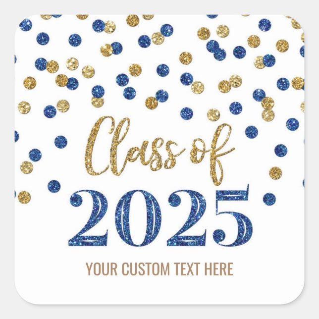 Sticker Carré Gold Blue Confetti Graduation 2025 (Devant)
