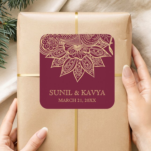 Sticker Carré Gold Burgundy Mehendi Henna Mariage Indien Favoris (Créateur téléchargé)