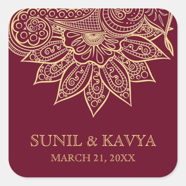 Sticker Carré Gold Burgundy Mehendi Henna Mariage Indien Favoris (Devant)