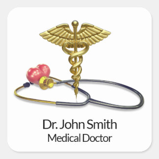 Sticker Carré Gold Caduceus & Stethoscope with Heart Medical