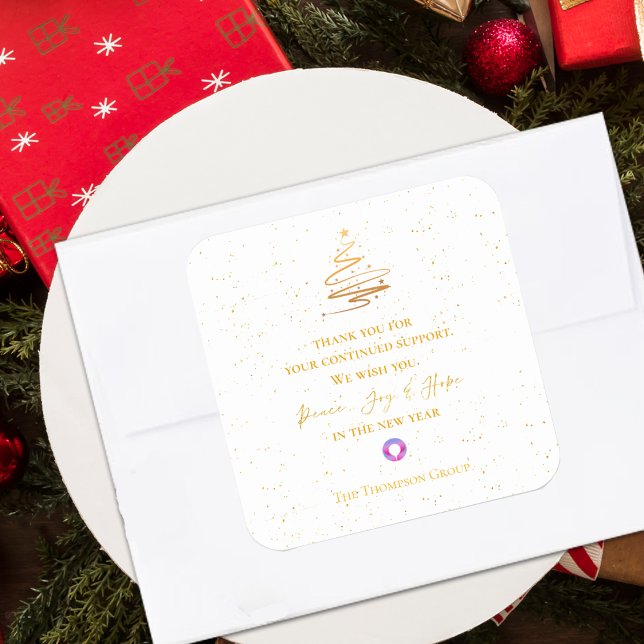 Sticker Carré Gold Christmas Tree Merci Message Entreprise (Gold Christmas Tree Thank You Message Corporate Square Sticker)