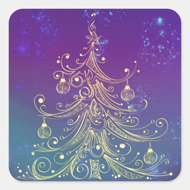 Sticker Carré Gold Christmas Tree Motif Purple Turquoise (Devant)