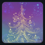 Sticker Carré Gold Christmas Tree Motif Purple Turquoise<br><div class="desc">Un sapin de Noël doré parfumé avec des ornements sur un arrière - plan de violet et turquoise.</div>