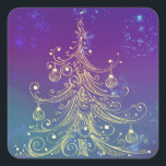Sticker Carré Gold Christmas Tree Motif Purple Turquoise<br><div class="desc">Un sapin de Noël doré parfumé avec des ornements sur un arrière - plan de violet et turquoise.</div>