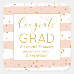 Sticker Carré Gold Confetti Pink Stripes Graduation