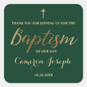 Sticker Carré Gold Cross Custom Baby boy Baptême Emerald Green