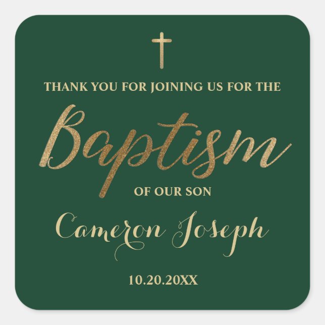 Sticker Carré Gold Cross Custom Baby boy Baptême Emerald Green (Devant)