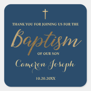 Sticker Carré Gold Cross Custom Baby boy Baptême Marine Bleu