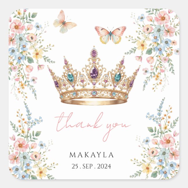 Sticker Carré Gold Crown Floral Butterfly Elegant Bridal Shower (Devant)