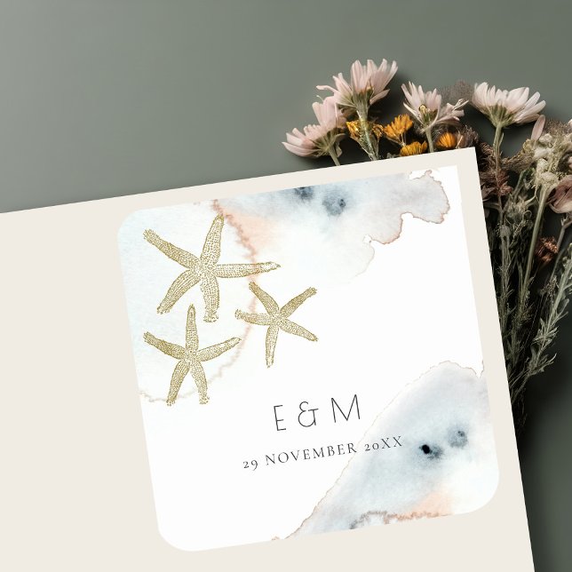 STICKER CARRÉ GOLD DUSKY BLUE BEACHING STARFISH MONOGRAM MARIAGE (Créateur téléchargé)
