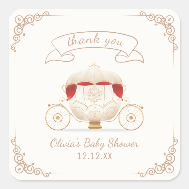Sticker Carré Gold Elegant Fairytale Carriage Baby Shower  (Devant)