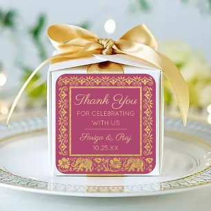 Sticker Carré Gold Elephant & Lotus Mariage Retour Cadeau Favori