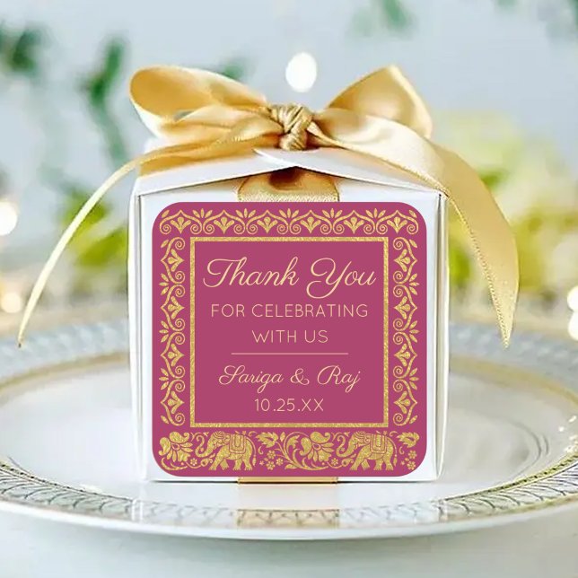 Sticker Carré Gold Elephant & Lotus Mariage Retour Cadeau Favori (indian wedding return gift thank you sticker, hindu wedding return gift label, elephant lotus flower)