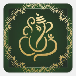Sticker Carré Gold Festive Ganesh   Indian God Green