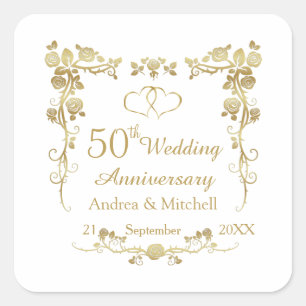 Sticker Carré Gold Floral Hearts 50e Mariage Anniversaire Squar