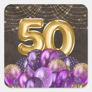 Sticker Carré Gold Foil Purple Balloons Cinquante-50e anniversai