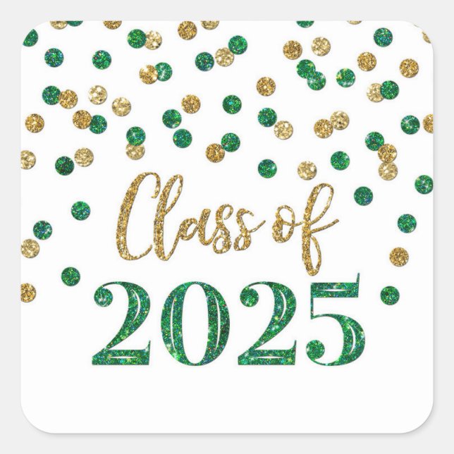 Sticker Carré Gold Green Confetti Graduation 2025 (Devant)