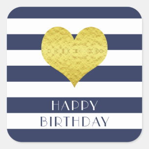 Sticker Carré Gold Heart Blue Stripes Joyeux anniversaire