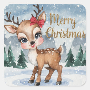 Sticker Carré Gold Joyeux Noël fille Reindeer