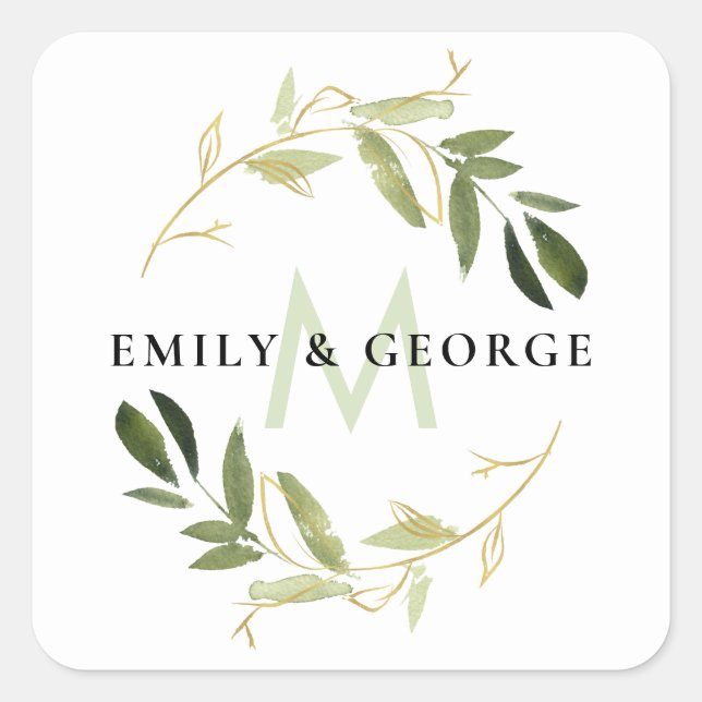 STICKER CARRÉ GOLD LIME GREEN FOLIAGE MONOGRAM WREATT MARIAGE (Devant)