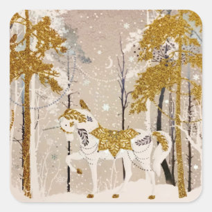 Sticker Carré Gold Magique Forêt de neige Unicorn Nature
