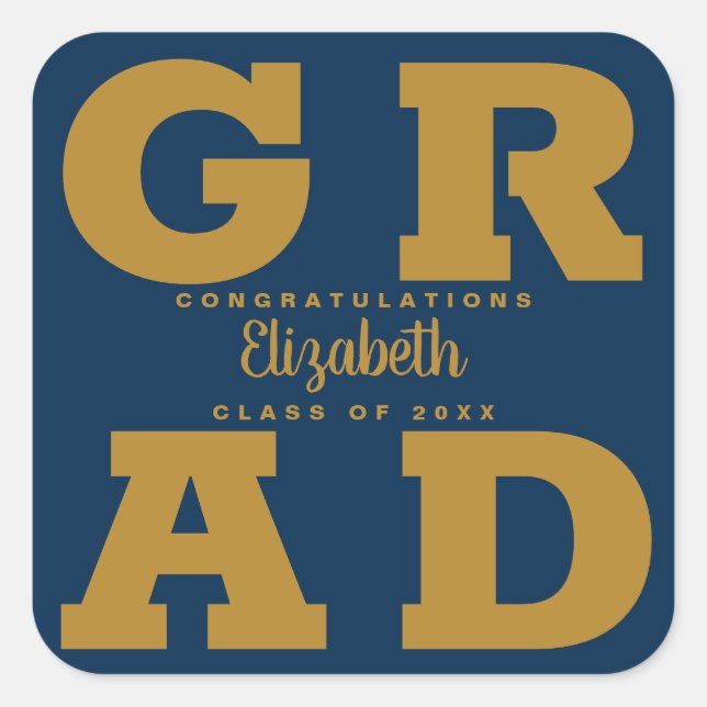 Sticker Carré Gold on Navy Blue Bold Graduation Party (Devant)