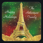 Sticker Carré Gold Paris Skyline #2 Christmas Starry<br><div class="desc">Golden Paris France Skyline #2, Festive Christmas Red and Green Starry Sky Personnalisable Invitations et accessoires avec un thème parisien mettant en vedette une tour Eiffel aux couleurs dorées stylisées contre un ciel festif étoile rouge et verte de Noël Ce produit fait partie d'une suite de designs assortis et coordonnés...</div>