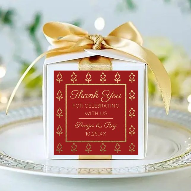 Sticker Carré Gold Parties scintillant Flower Mariage retour Cad (indian wedding favor return gift label stickers, hindu wedding favor, mehndi sangeet favor packaging)