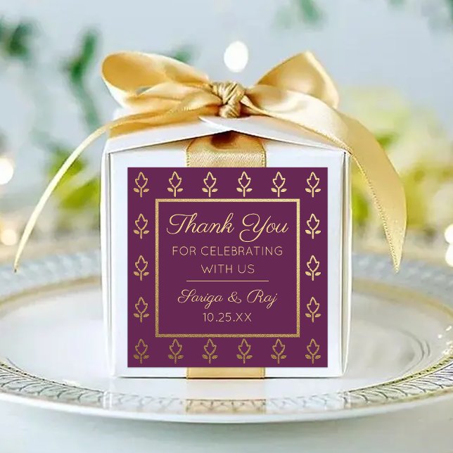 Sticker Carré Gold Parties scintillant Flower Mariage retour Cad (indian wedding favor return gift label stickers, hindu wedding favor, mehndi sangeet favor packaging)