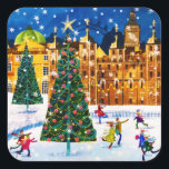 Sticker Carré Gold Pink Christmas Winter Ice Skating<br><div class="desc">It’s an evening of snowy fun. Everybody enjoy a night of ice skating on the rink. In the wintery scene around them,  the glow of Christmas tree illuminates the freshly falling snow.</div>