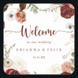 Sticker Carré Gold Rustic Coloré Mariage Floral Bienvenue<br><div class="desc">Cet autocollant de carré d'accueil couleur or rustique et fleuri est parfait pour un mariage simple. Le design est composé de marsala peinte à la main, de rose, de rougeur, de bordeaux et de fleurs dorées avec des feuilles verts disposés en de belles couronnes. Ces étiquettes sont parfaits pour les...</div>