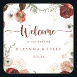 Sticker Carré Gold Rustic Coloré Mariage Floral Bienvenue<br><div class="desc">Cet autocollant de carré d'accueil couleur or rustique et fleuri est parfait pour un mariage simple. Le design est composé de marsala peinte à la main, de rose, de rougeur, de bordeaux et de fleurs dorées avec des feuilles verts disposés en de belles couronnes. Ces étiquettes sont parfaits pour les...</div>