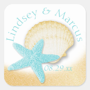 Sticker Carré Gold Seashell et Aqua Starfish Sparkle Beach