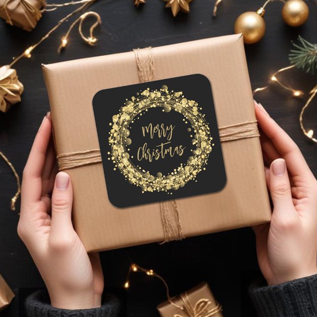 Sticker Carré Gold Stars Joyeux Noël (Merry Christmas twinkling gold stars square stickers)