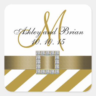 Sticker Carré Gold Stripes Ruban Monogramme Mariage Faveur Étiqu