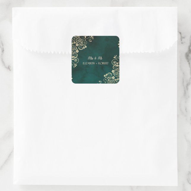 Sticker Carré Gold Swirls Emerald Green Wedding  (Sac)