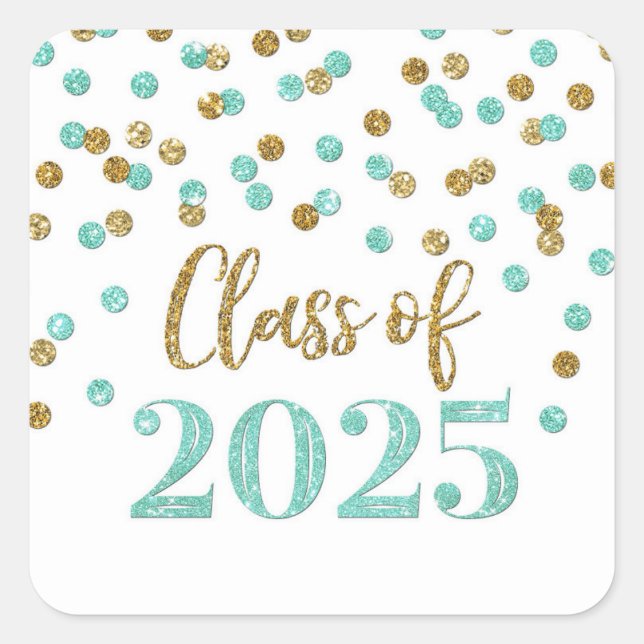 Sticker Carré Gold Turquoise Confetti Graduation 2025 (Devant)