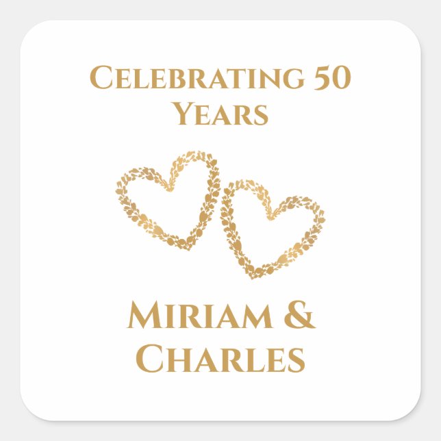Sticker Carré Golden 50th Mariage Anniversaire Coeur personnalis (Devant)