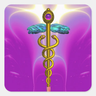 Sticker Carré GOLDEN CADUCEUS, Symbole Médicale rose Fuchsia