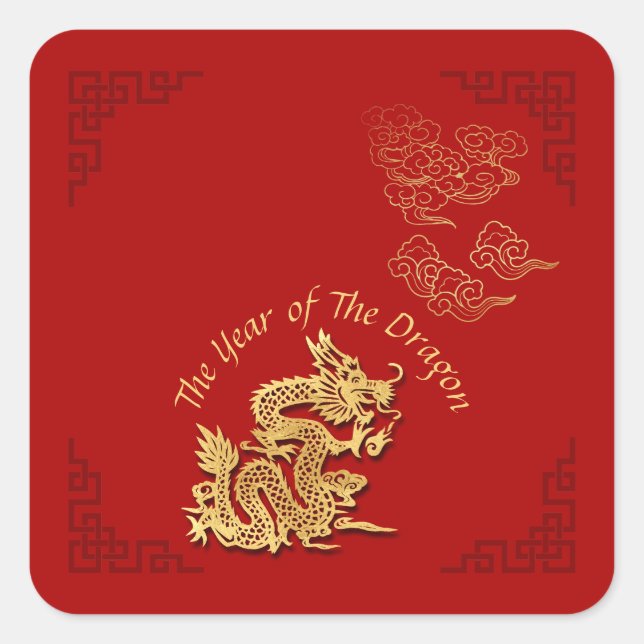 Sticker Carré Golden Chinese Paper-cut Dragon Année 2024 SqS (Devant)