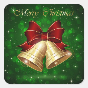 Sticker Carré Golden Christmas Bells Red Bow