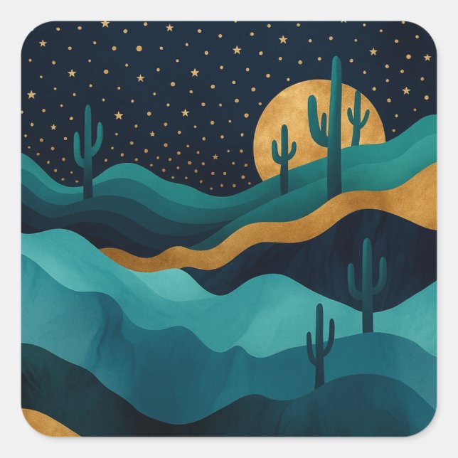 Sticker Carré Golden Desert Nightscape - Cactus Art Abstrait (Devant)