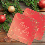 Sticker Carré Golden Glittery Stars Étincelles Sur Noël Rouge<br><div class="desc">Belle conception personnalisée autocollant de Noël avec des étoiles de brillance en faux or, des étincelles et des cordes sur un arrière - plan dégradé rouge. Le texte est entièrement personnalisable. Pour le modifier, utilisez l'option Personnaliser. Pour d'autres modifications, telles que les modifications apportées à la police, à la couleur...</div>