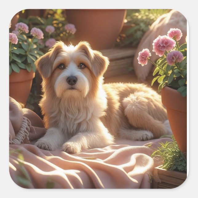 Sticker Carré Golden Hour Garden Dog - Cosy Pet Memory Scene ave (Devant)