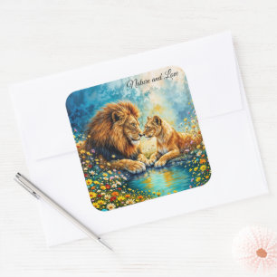 Sticker Carré Golden Lion Lioness fleurs sauvages colorés