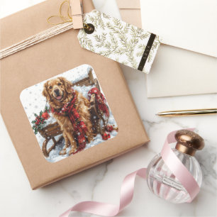 Sticker Carré Golden Retriever avec Festive Scarf par un Sleigh