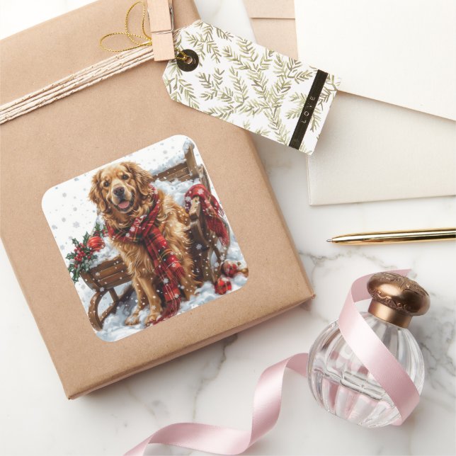 Sticker Carré Golden Retriever avec Festive Scarf par un Sleigh (Cadeaux)
