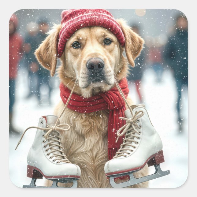 Sticker Carré Golden Retriever Avec Patinage Sur Glace (Devant)