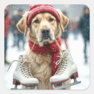 Sticker Carré Golden Retriever Avec Patinage Sur Glace