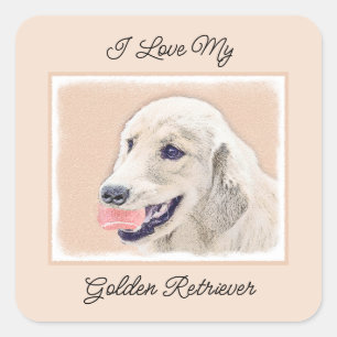 Sticker Carré Golden Retriever avec Tennis Ball Peinture Chien A